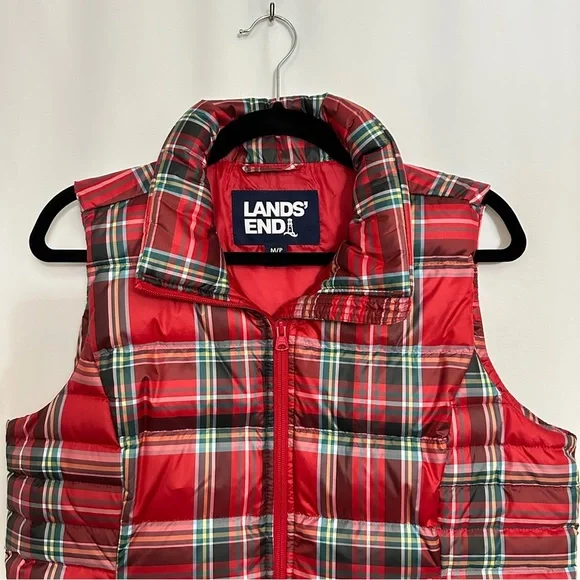 Lands' End Women's Plaid Print Red Puffer Vest Sleeveless Jacket sz M/P 10-12 - Picture 2 of 9